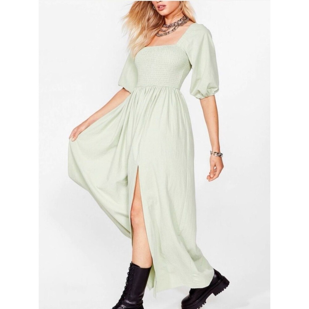 Nasty Gal Shirred Bust Puff Sleeve Maxi Peasant Dress Size 6
